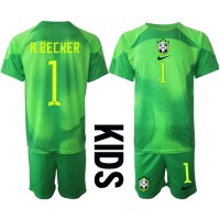 Dětský Fotbalový dres Brazílie Alisson Becker #1 Brankářské MS 2022 Venkovní Krátký Rukáv (+ trenýrky)